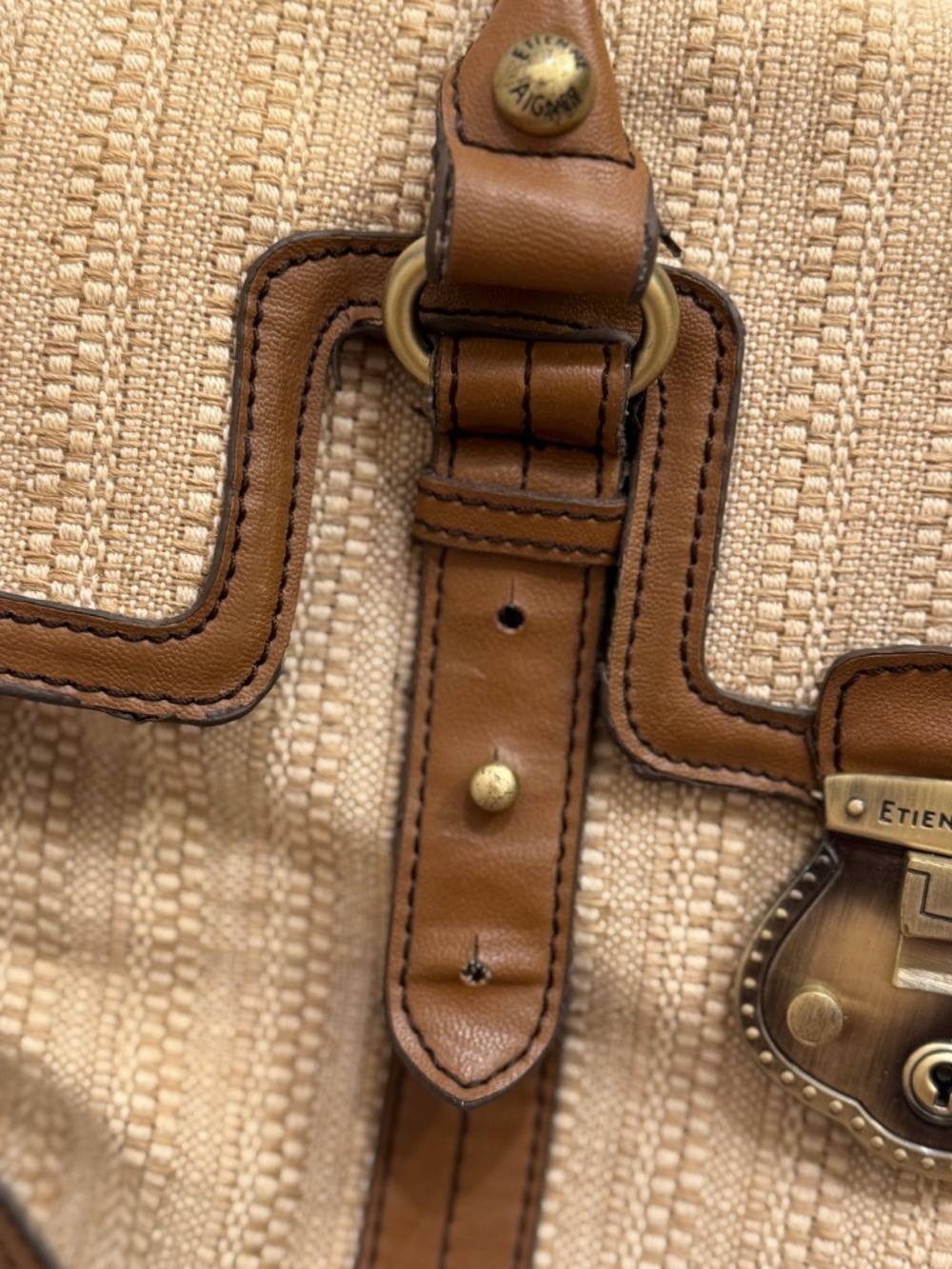 Etienne Aigner Woven Straw Leather Satchel Bag Tan Vintage Coastal - Picture 8 of 16
